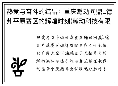 热爱与奋斗的结晶：重庆瀚动问鼎L德州平原赛区的辉煌时刻(瀚动科技有限公司)