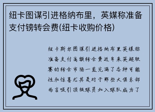 纽卡图谋引进格纳布里，英媒称准备支付镑转会费(纽卡收购价格)