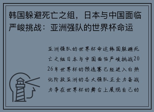 韩国躲避死亡之组，日本与中国面临严峻挑战：亚洲强队的世界杯命运